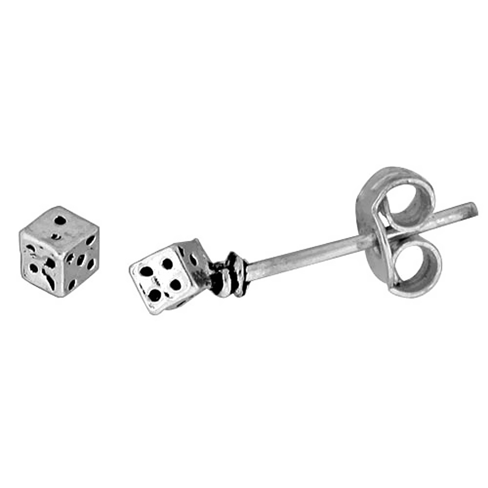 Tiny Sterling Silver Dice Stud Earrings 3/16 inch