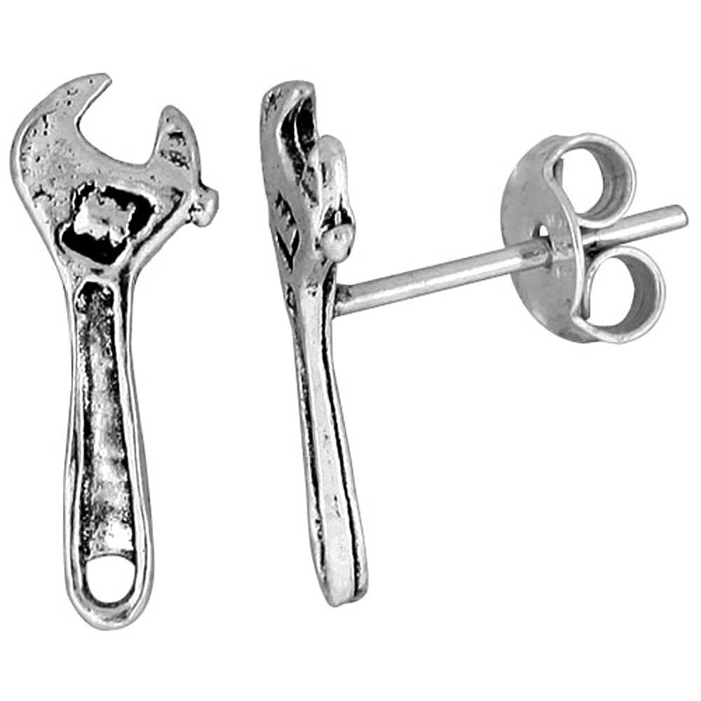 Tiny Sterling Silver Wrench Stud Earrings 9/16 inch