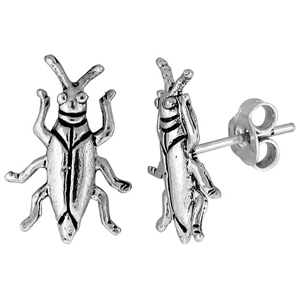 Tiny Sterling Silver Cockroach Stud Earrings 5/8 inch