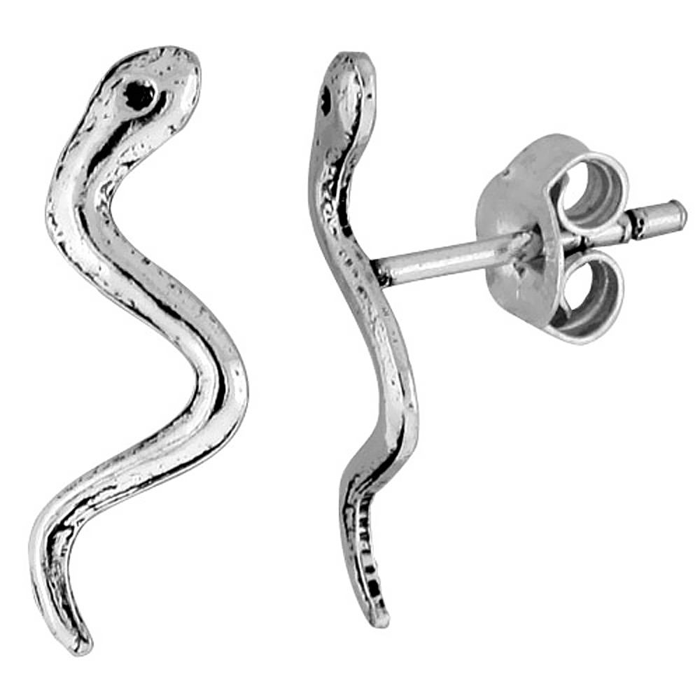Tiny Sterling Silver Snake Stud Earrings 11/16 inch