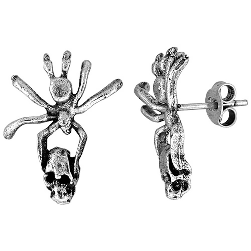 Tiny Sterling Silver Spiders Holding Skull Stud Earrings 13/16 inch