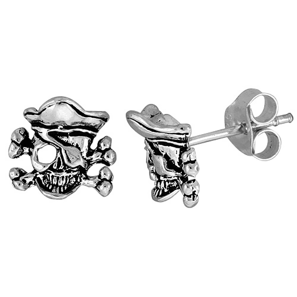 Tiny Sterling Silver Pirate Skull Stud Earrings with Eyepatch 1/2 inch