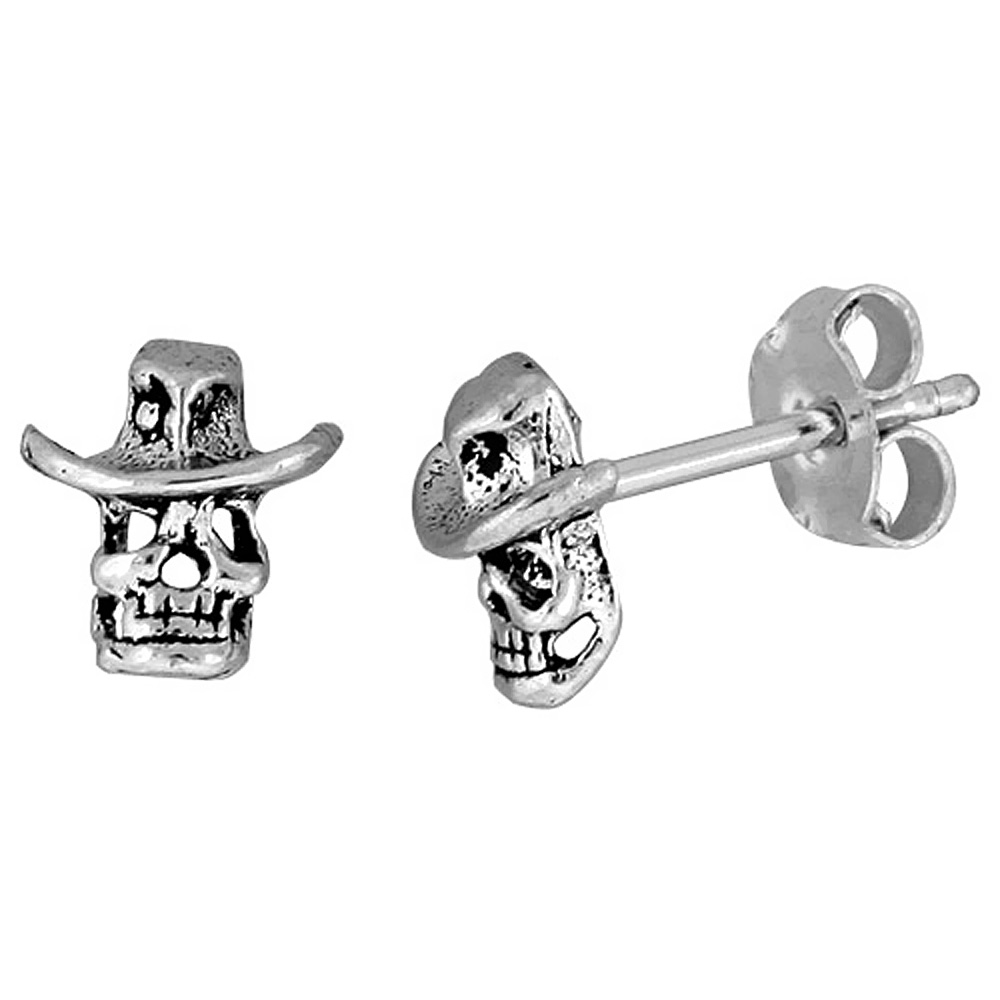 Tiny Sterling Silver Skull with Cowboy Hat Stud Earrings 5/16 inch