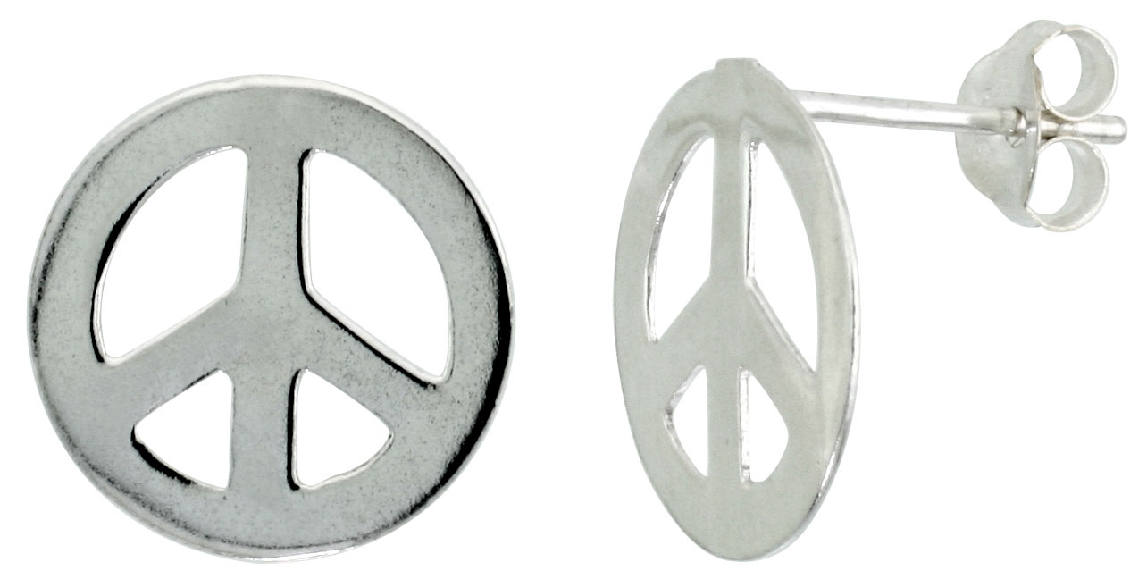 Sterling Silver Peace Sign Stud Earrings 1/2 inch