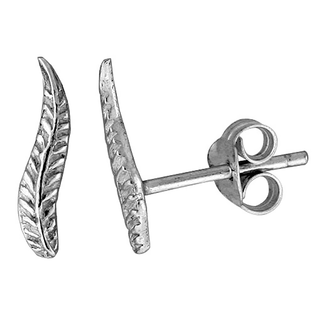 Tiny Sterling Silver Feather Stud Earrings 1/2 inch