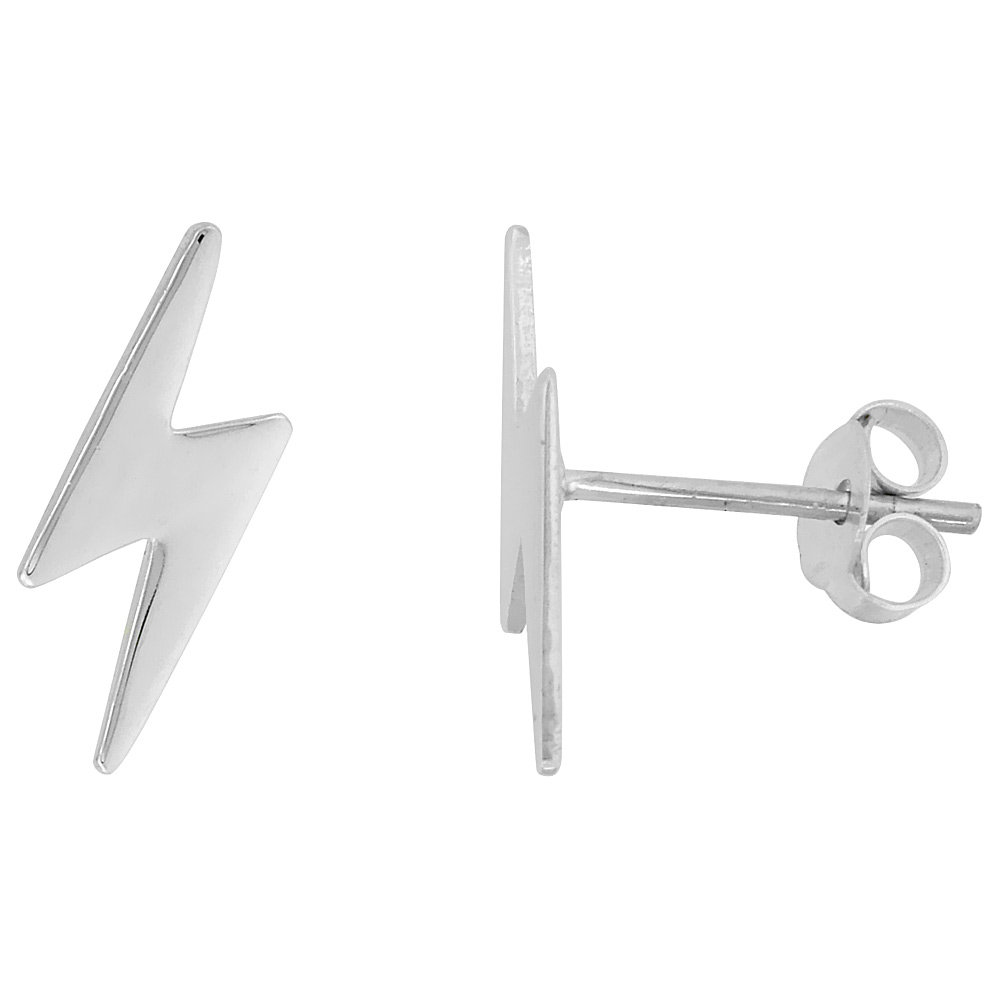 Tiny Sterling Silver Lightning Bolt Stud Earrings 1/2 inch