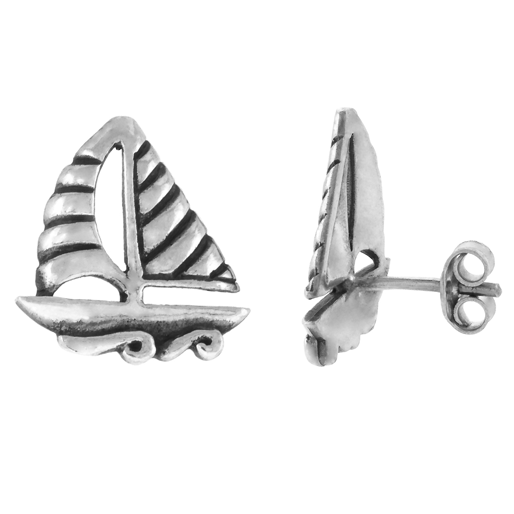Tiny Sterling Silver Sailboat Stud Earrings 9/16 inch