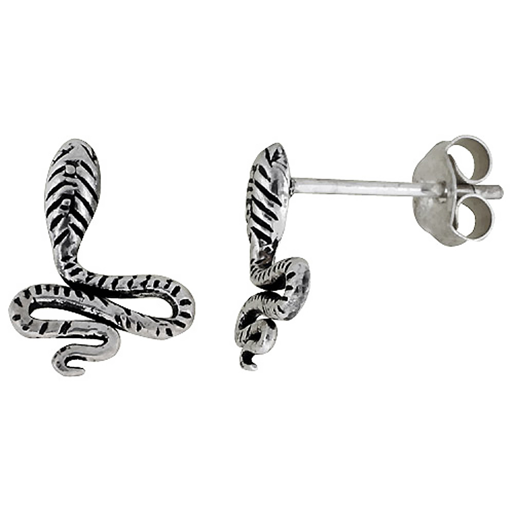 Tiny Sterling Silver Snake Stud Earrings 1/2 inch