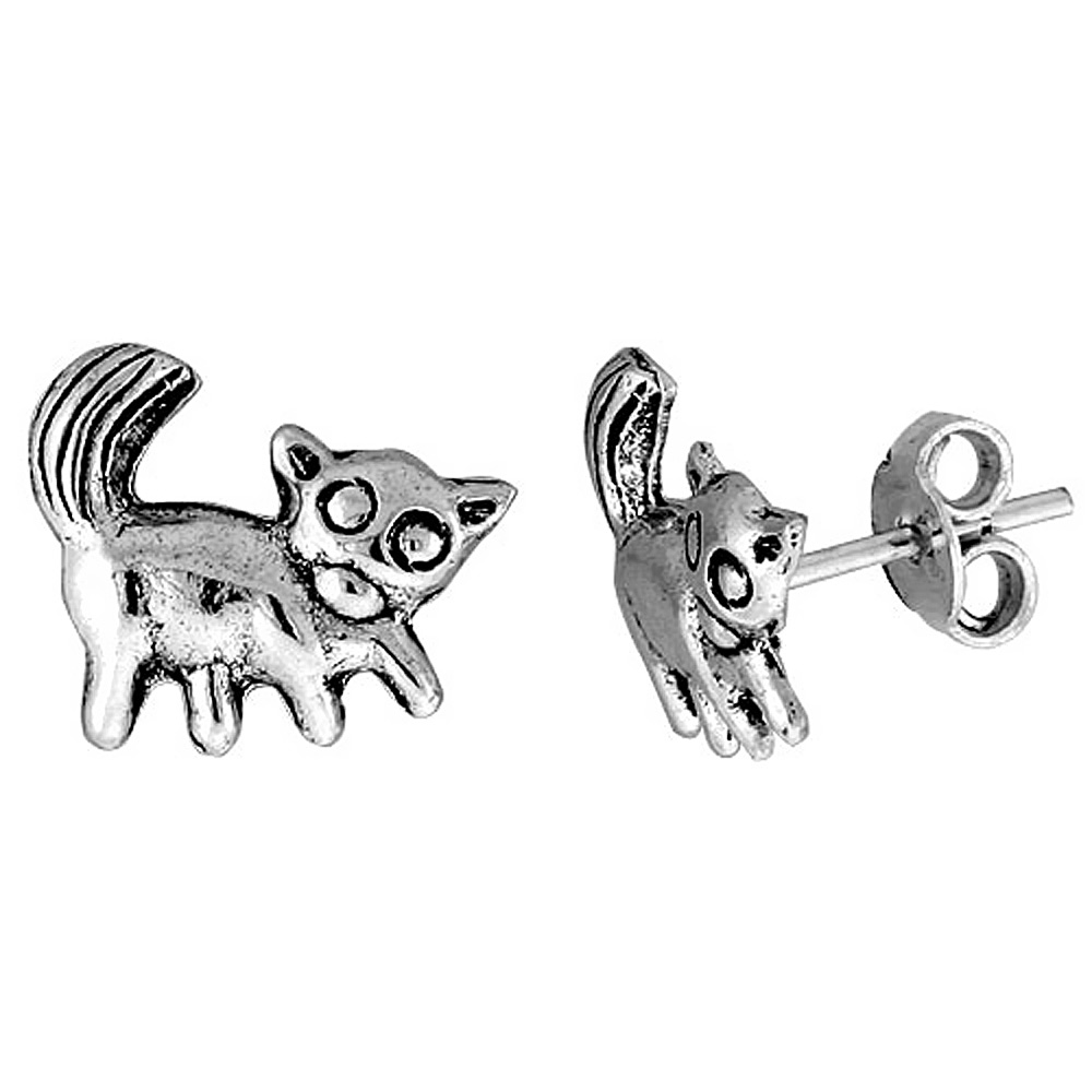 Tiny Sterling Silver Cat Stud Earrings 7/16 inch