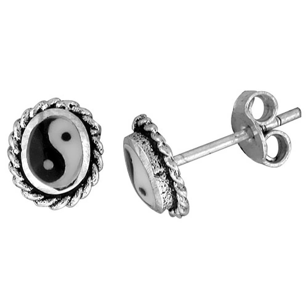Sterling Silver Yin Yang Stud Earrings, 5/16 X 1/4 inch