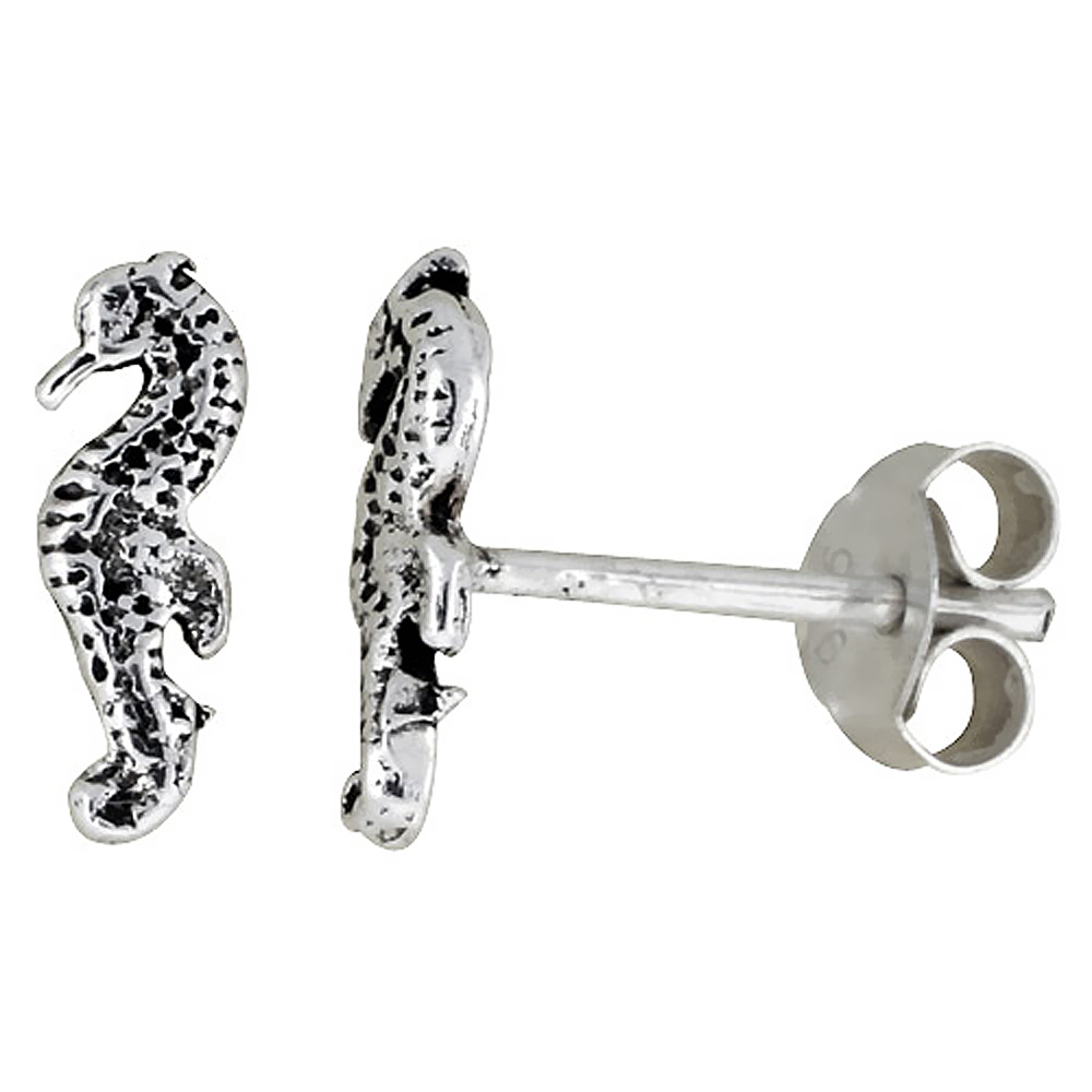 Tiny Sterling Silver Seahorse Stud Earrings 3/8 inch