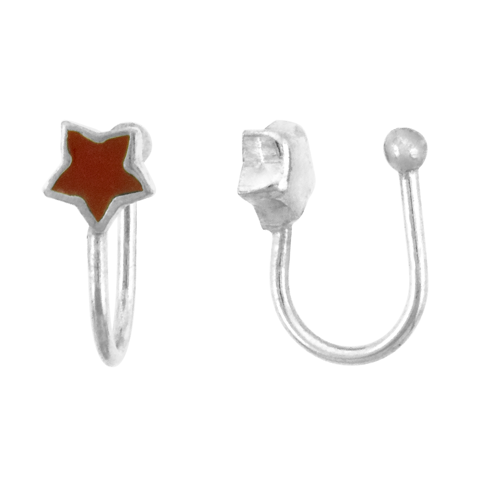 Dainty Sterling Silver Star Ear cuff / Non-Pierced Nose Ring Carnelian Red Enamel (one piece)