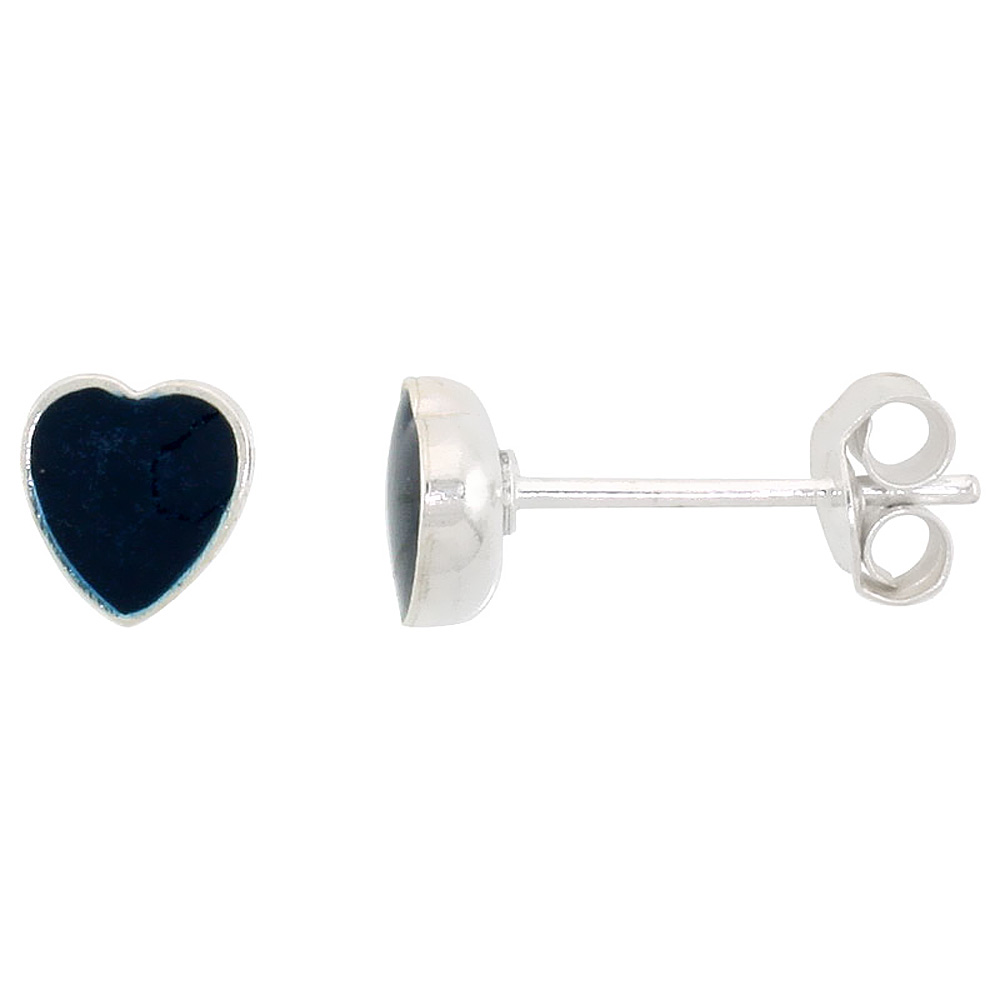 Tiny Sterling Silver Heart Stud Earrings Dark Blue Resin Inlay, 1/4 inch