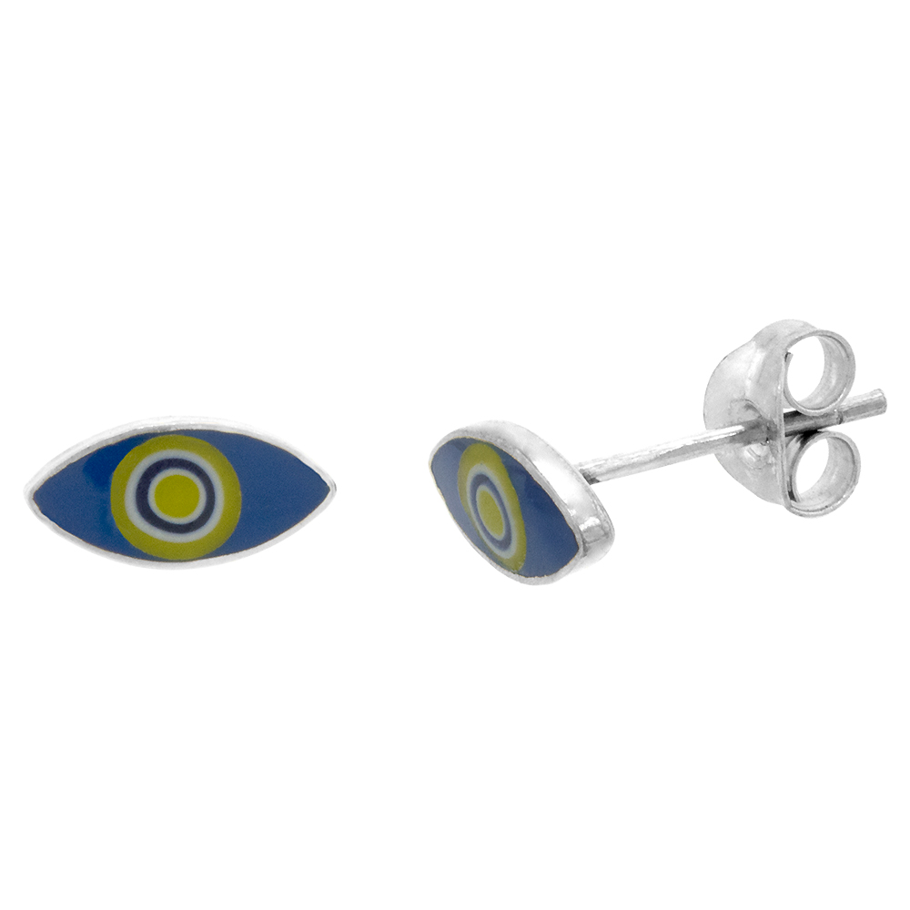 Small Sterling Silver Blue Enamel Eye Stud Earrings, 11/32 inch