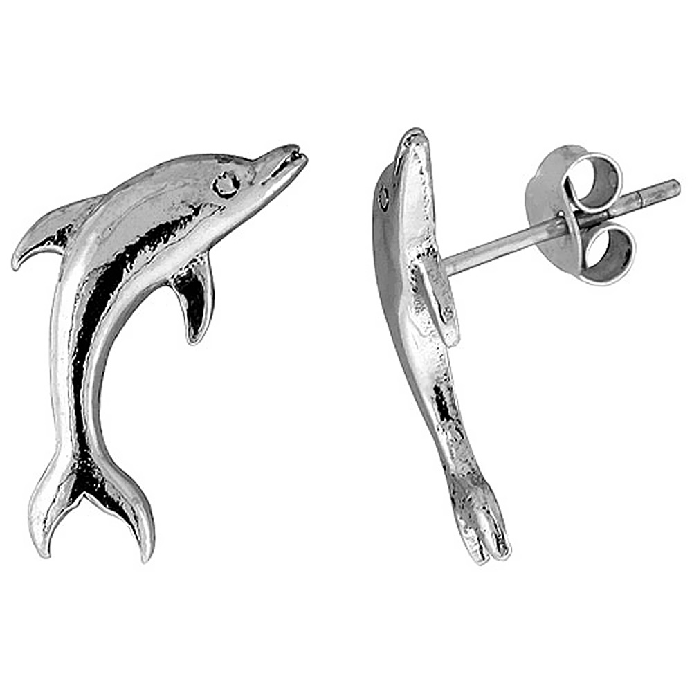 Tiny Sterling Silver Dolphin Stud Earrings 13/16 inch