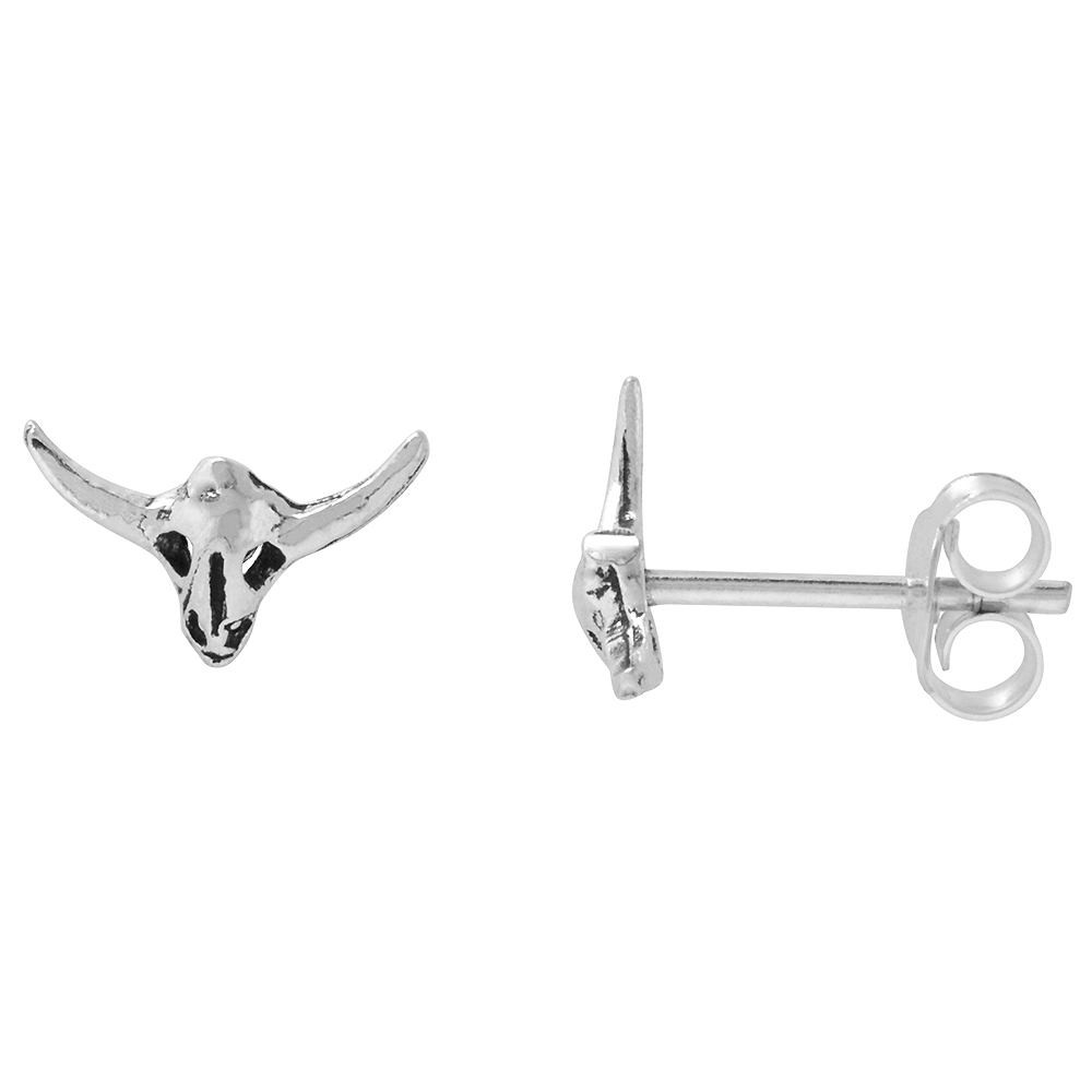 Tiny Sterling Silver Texas Longhorn Skull Stud Earrings 7/16 inch
