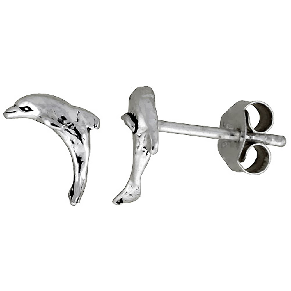Tiny Sterling Silver Dolphin Stud Earrings 5/16 inch
