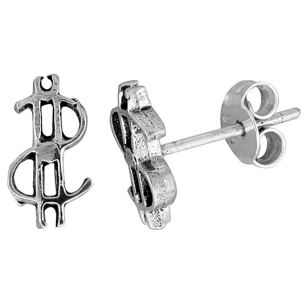 Tiny Sterling Silver $ Sign Stud Earrings 3/8 inch