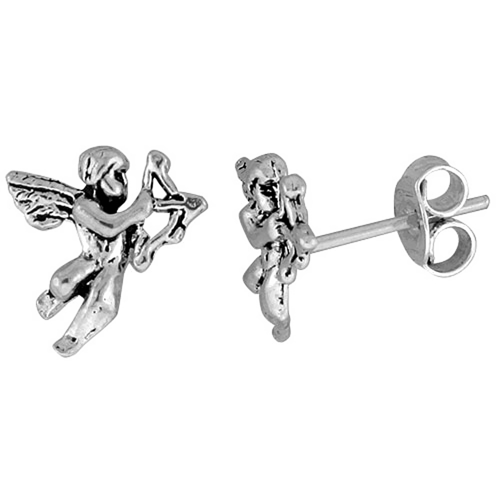 Tiny Sterling Silver Cupid Stud Earrings 7/16 inch