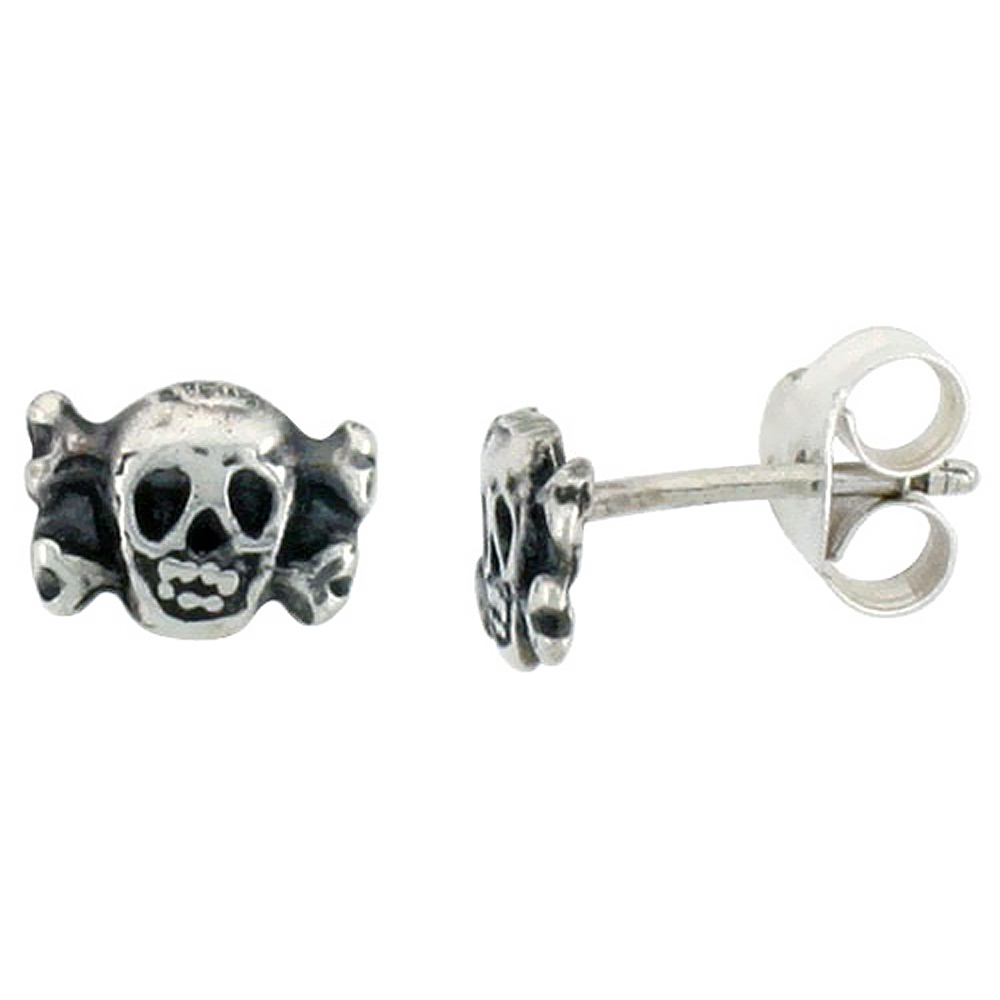 Tiny Sterling Silver Skull Stud Earrings 5/16 inch