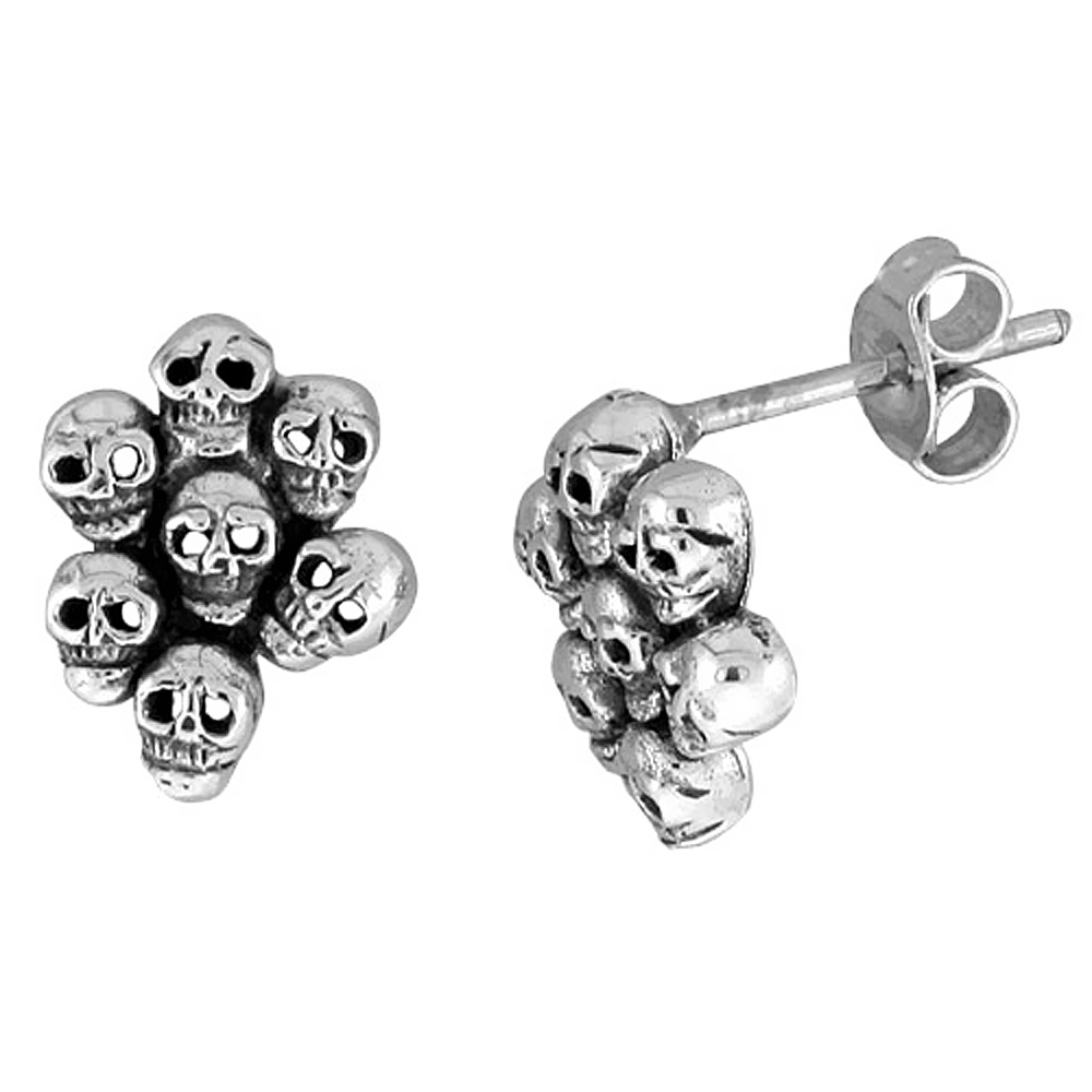 Tiny Sterling Silver 7 Skulls Stud Earrings 7/16 inch