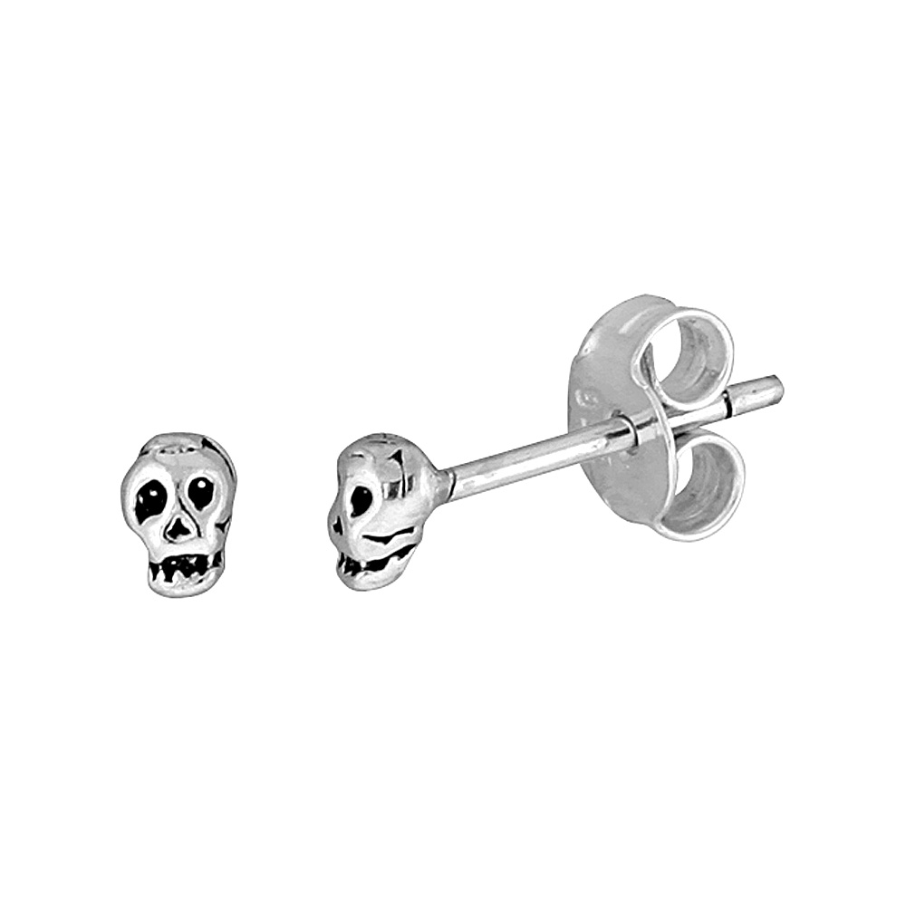 Very Tiny Sterling Silver Plain Skull Stud Earrings Cartilage &amp; Nose Ring 3/16 inch