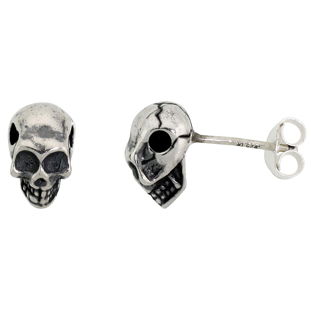 Sterling Silver Large Skull Stud Earrings with Cracks 3/8 inch