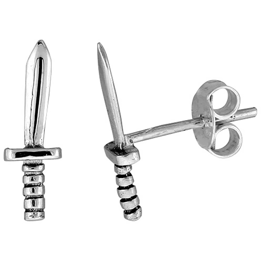 Tiny Sterling Silver Dagger Stud Earrings 9/16 inch