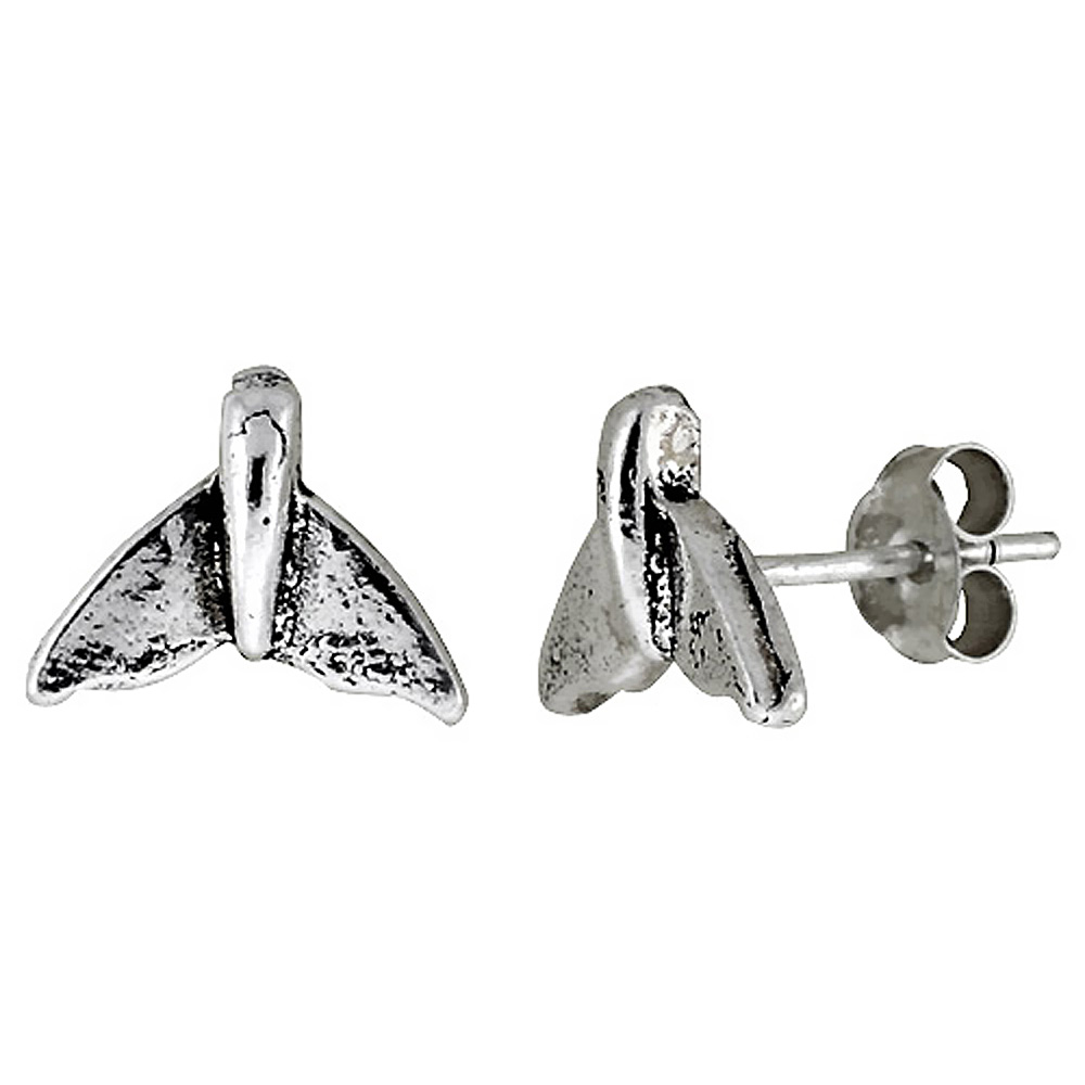 Tiny Sterling Silver Whale's Tail Stud Earrings 7/16 inch