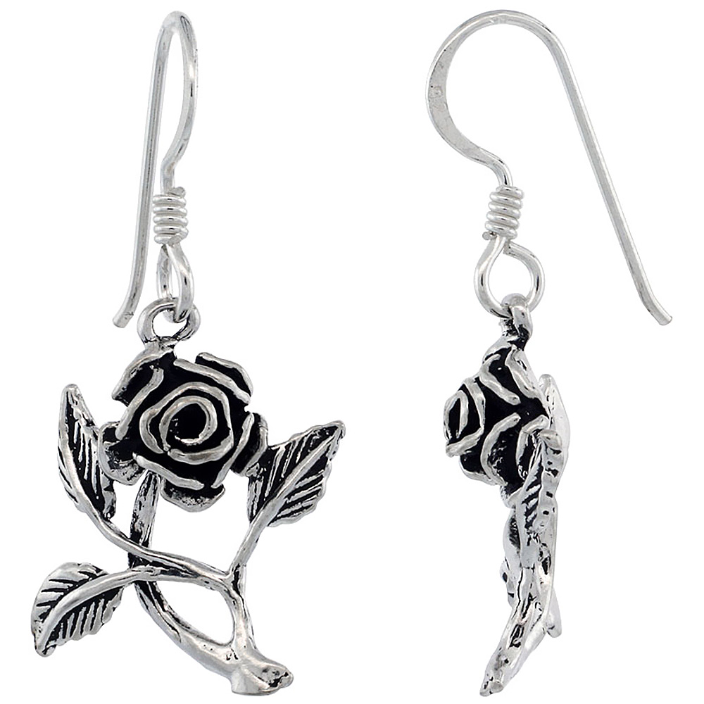 Sterling Silver Rose Flower Dangle Hook Earrings 1 1/4 inch