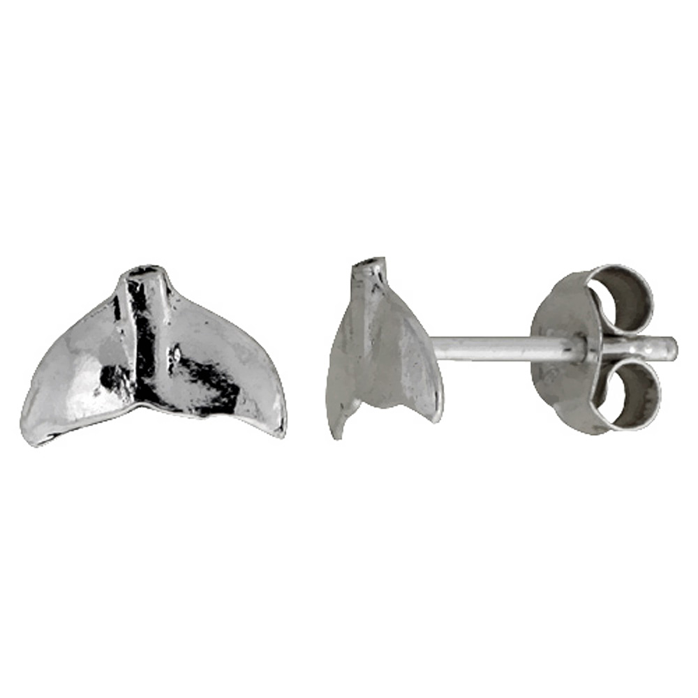 Tiny Sterling Silver Whale&#039;s Tail Stud Earrings 3/8 inch