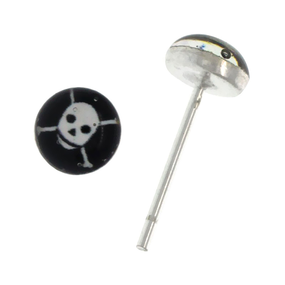 Tiny Sterling Silver Skull &amp; Crossbones Stud earrings in Black &amp; White Resin 3/16 inch