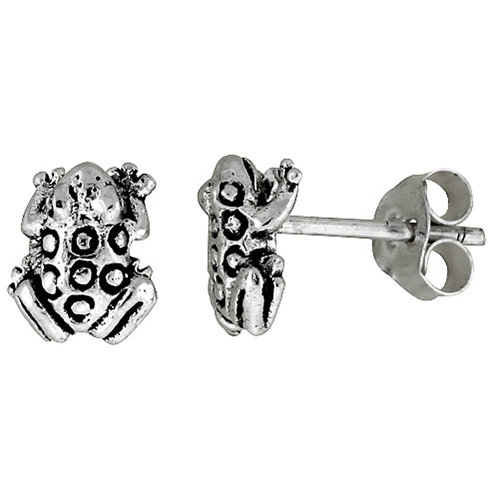 Tiny Sterling Silver Poison Dart Frog Stud Earrings 3/8 inch