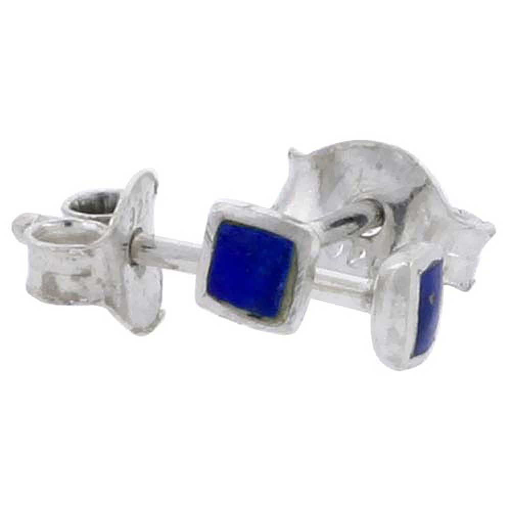 Very Tiny Square Blue Lapis Stone Stud Earrings 1/8 inch