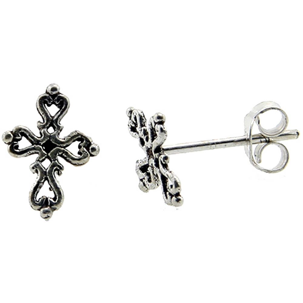 Very Tiny Sterling Silver Filigree Cross Stud Earrings, 1/2 inch
