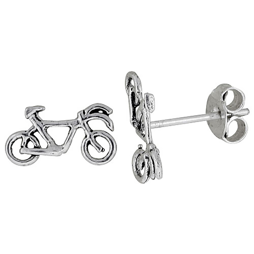 Tiny Sterling Silver Bicycle Stud Earrings 3/8 inch