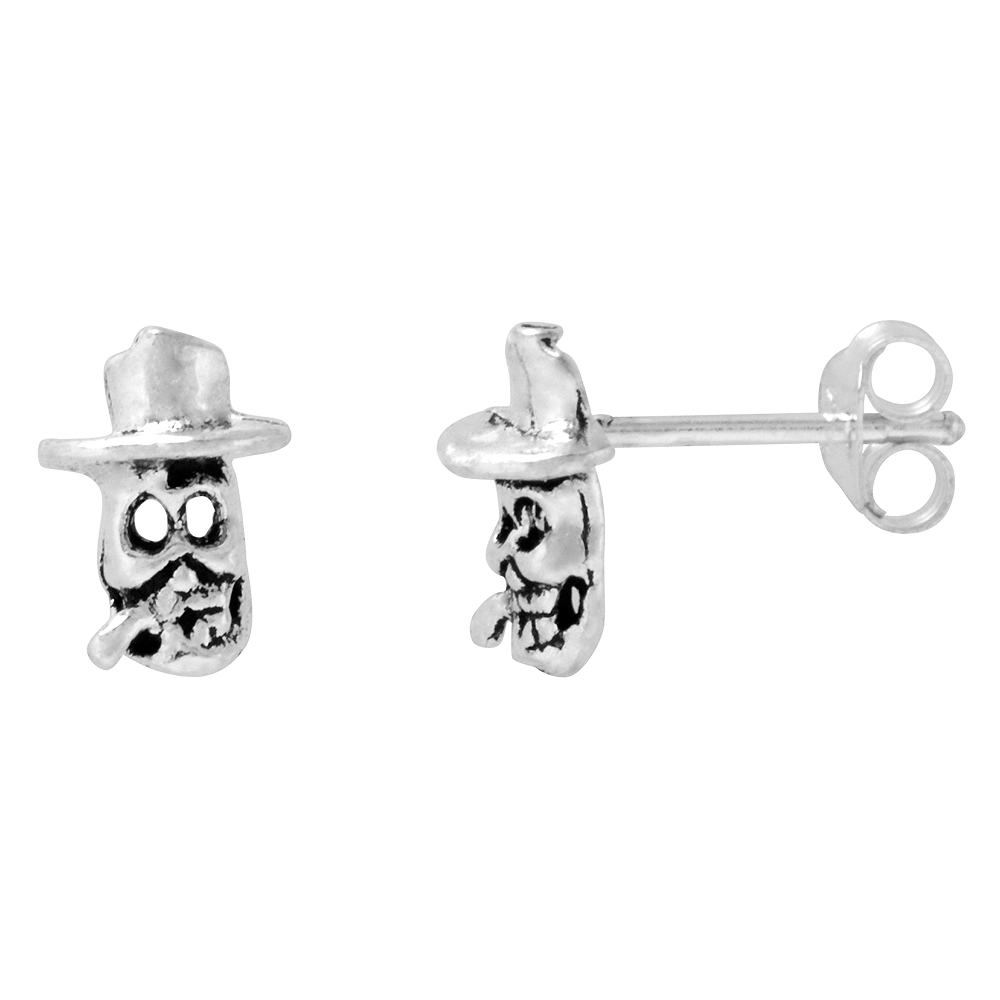 Tiny Sterling Silver Skull Stud Earrings with Top Hat Smoking Cigar, 7/16 inch
