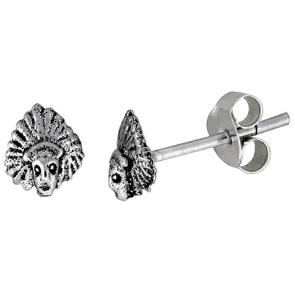 Tiny Sterling Silver Indian Head Stud Earrings, 1/4 inch