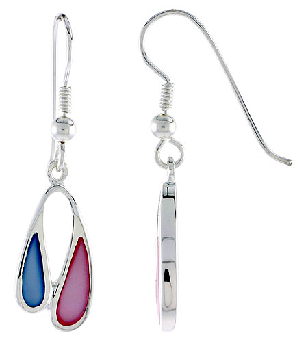Sterling Silver Freeform Pink &amp; Blue Mother of Pearl Inlay Earrings, 11/16&quot; (17 mm) tall 