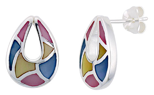 Sterling Silver Pear-shaped Pink, Blue &amp; Light Yellow Mother of Pearl Inlay Earrings, 11/16&quot; (17 mm) tall 