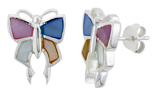 Sterling Silver Butterfly Pink, Blue, Light Yellow & White Mother of Pearl Inlay Earrings, 5/8" (15 mm) tall 