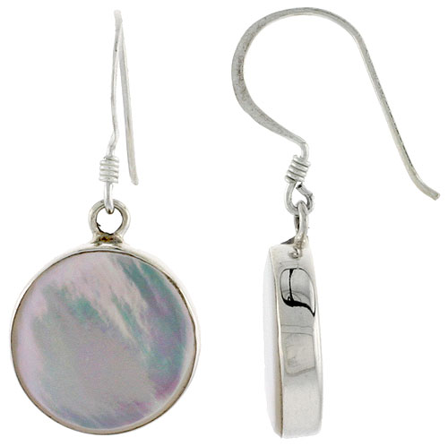 Sterling Silver Round Mother of Pearl Inlay Earrings, 5/8&quot; (15 mm) tall 