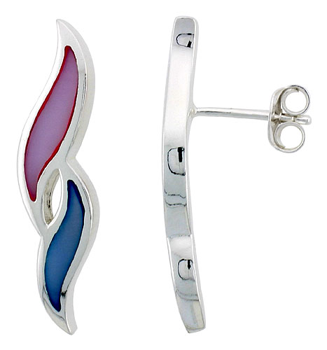Sterling Silver Freeform Pink &amp; Blue Mother of Pearl Inlay Earrings, 1 1/8&quot; (28 mm) tall 