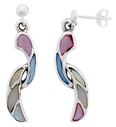 Sterling Silver Freeform Pink, Blue, Light Yellow &amp; White Mother of Pearl Inlay Earrings, 1 1/8&quot; (28 mm) tall 