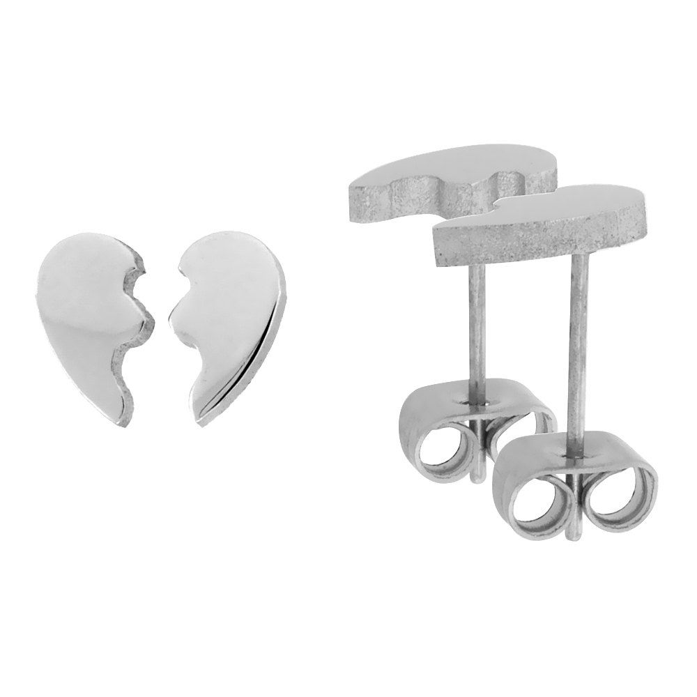 Small Stainless Steel Split Heart Stud Earrings for Best Friends 3/8 inch