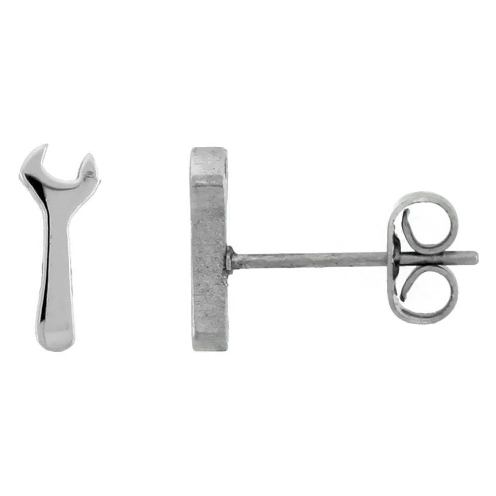 3 PAIR PACK Small Stainless Steel Wrench Stud Earrings, 1/2 inch