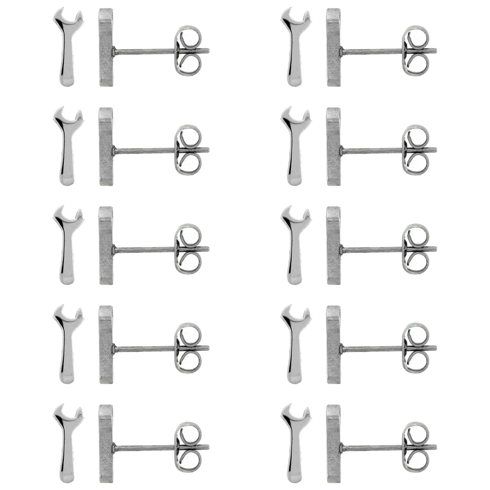 10 PAIR PACK Small Stainless Steel Wrench Stud Earrings, 1/2 inch