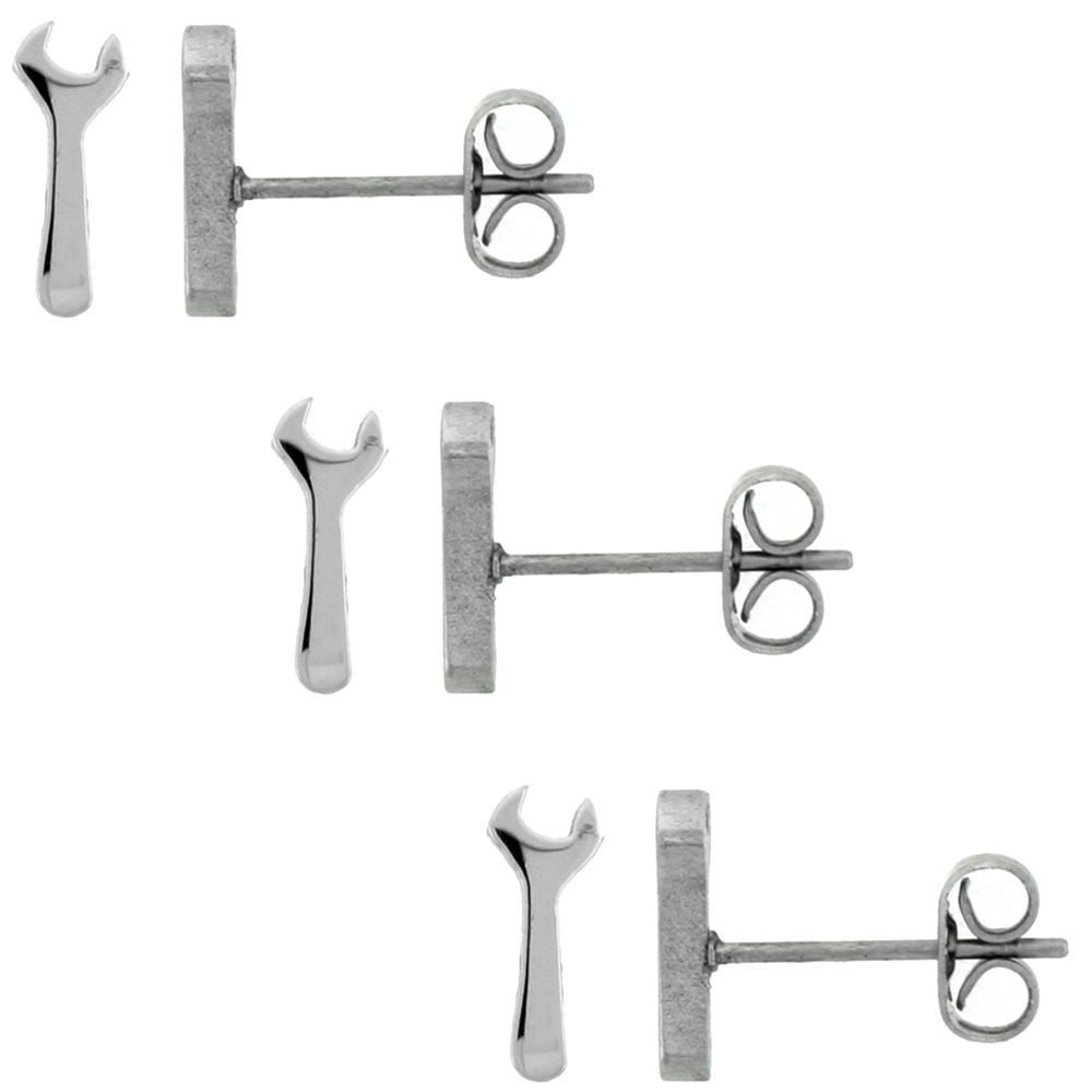3 PAIR PACK Small Stainless Steel Wrench Stud Earrings, 1/2 inch
