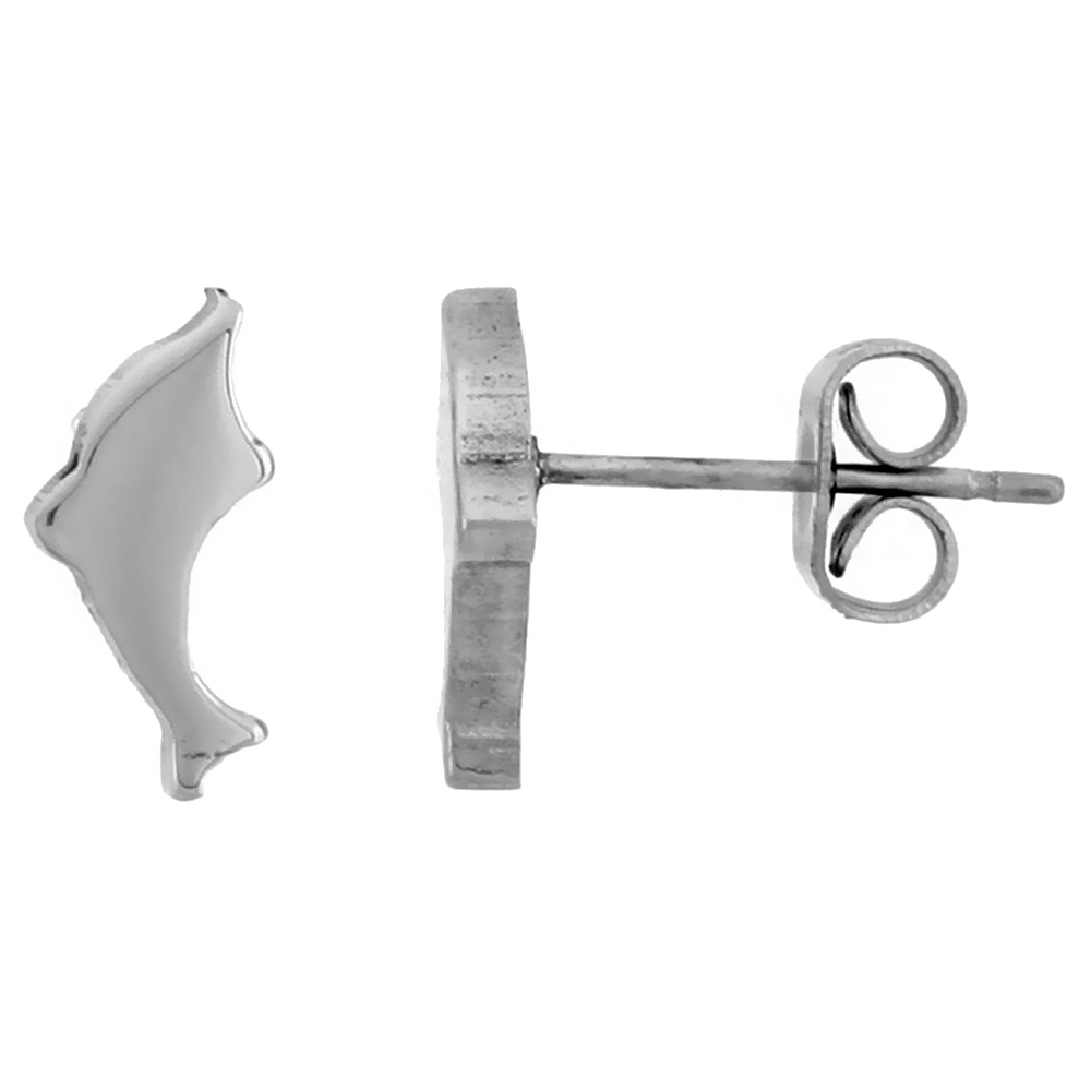 3 PAIR PACK Small Stainless Steel Dolphin Stud Earrings, 3/8 inch