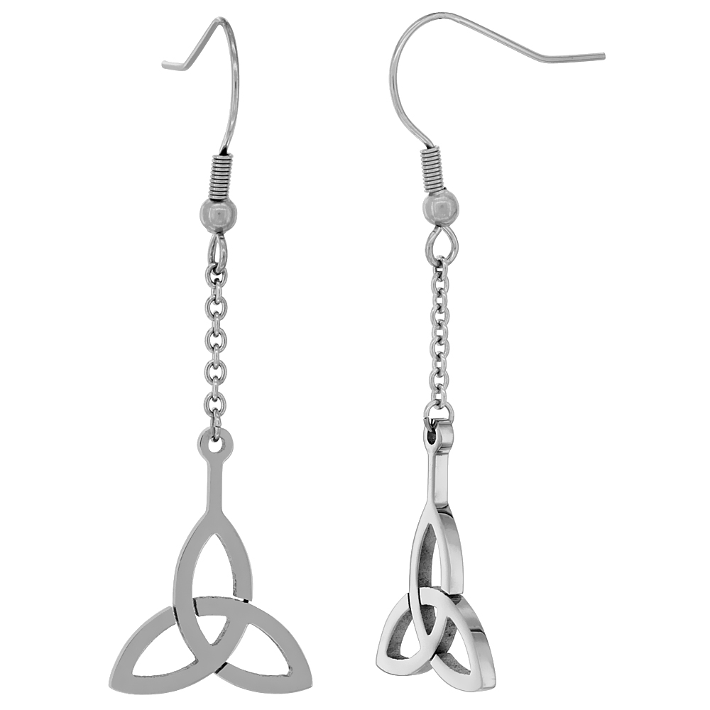 Small Stainless Steel Celtic Triquetra Trinity Dangle Earrings, 1 3/4 inch